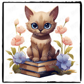 Cute Cat On Pile Of Books Kitten Adorable Design