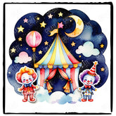 Red Circus Tent with Clowns and Stars Design