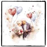 Old Couple with Burgundy and Pale Blue Balloons Anniversary Design