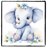 Blue Cute Elephant Sitting Flowers Pattern Design