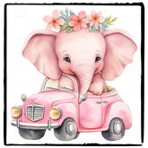 Cute Pink Elephant Riding A Car Pattern Design