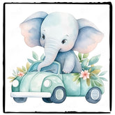 Cute Blue Elephant In Car Floral Pattern Design