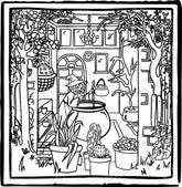 Witches Cottage Scene Black and White Line Drawing Halloween Design
