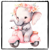 Cute Pink Elephant On A Scooter Floral Crown Pattern Design