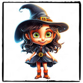 Green Eyed Orange and Black Witch Kids Halloween Character Design