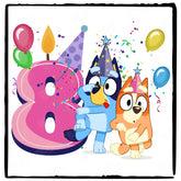 Happy Bluey & Bingo Character 8th Birthday Pink Number Design