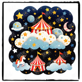 Red Circus Tent with Clouds and Stars Design