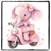 Cute Pink Elephant On A Scooter Stars Pattern Design