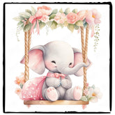 Cute Pink Elephant On A Swing Floral Pattern Design