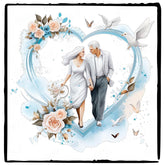 Older Couple in a Blue Heart Pale Pink Flowers Anniversary Design