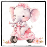 Cute Pink Elephant On A Scooter Floral Pattern Design