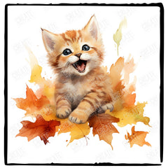 Cute Kitten Playing In Autumn Leafs Ginger Cat Design