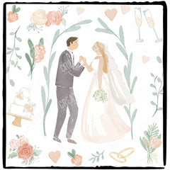 Wedding Bride and Groom with Flowers Watercolour Design