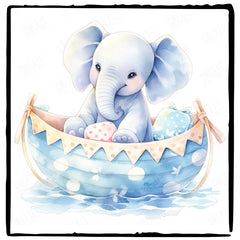 Cute Blue Elephant Swimming Boat Pattern Design