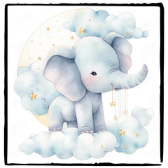 Blue Elephant Clouds Stars Pattern Design