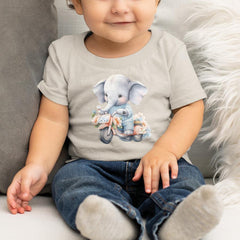 Cute Blue Elephant Riding Scooter Floral Pattern Design