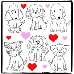Line Drawing Dog Breeds with Red and Pink Hearts Design