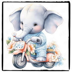 Cute Blue Elephant Riding Scooter Floral Pattern Design