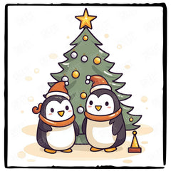 Cute Penguins in Santa Hats with Tree Kids Christmas Character Design