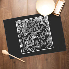 Witches Cottage Scene Black and White Line Drawing Halloween Design