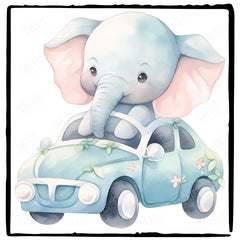 Cute Blue Elephant Riding A Car Pattern Design