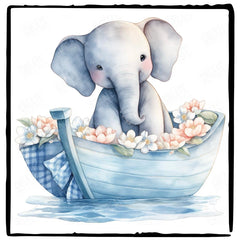 Cute Blue Elephant Floral Boat Pattern Design