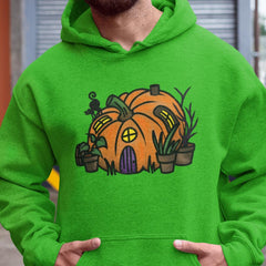Orange Pumpkin House with Black Cat Halloween Design
