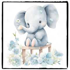 Cute Blue Elephant On Floral Chair Pattern Design