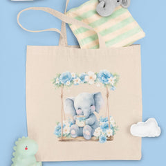 Cute Blue Elephant On Floral Swing Pattern Design