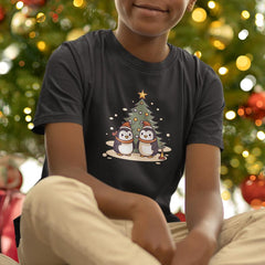 Cute Penguins in Santa Hats with Tree Kids Christmas Character Design