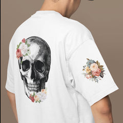 Skull with Pink and Cream Flowers Design