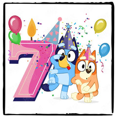 Happy Bluey & Bingo Character 7th Birthday Pink Number Design