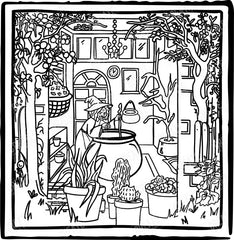 Witches Cottage Scene Black and White Line Drawing Halloween Design
