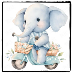 Cute Blue Elephant Riding A Scooter Pattern Design
