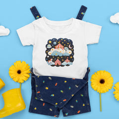Red Circus Tent with Clouds and Stars Design