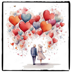 Older Couple with Orange, Pink and Red Balloons Anniversary Design