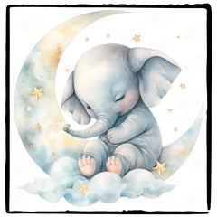 Blue Elephant Sleeping On A Moon Pattern Design