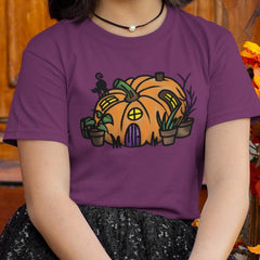 Orange Pumpkin House with Black Cat Halloween Design