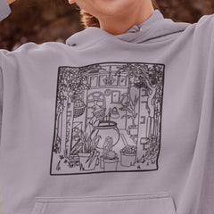 Witches Cottage Scene Black and White Line Drawing Halloween Design