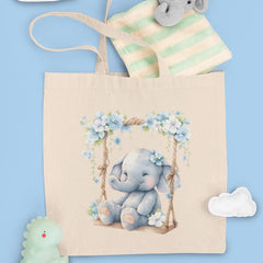 Cute Blue Elephant On A Swing Floral Pattern Design