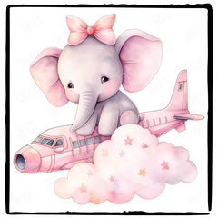 Cute Pink Elephant Plane Clouds Pattern Design