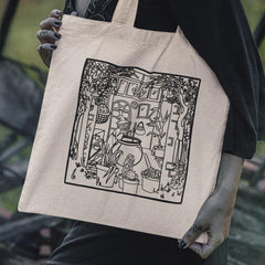 Witches Cottage Scene Black and White Line Drawing Halloween Design