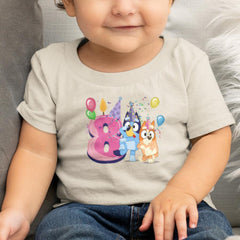 Happy Bluey & Bingo Character 8th Birthday Pink Number Design