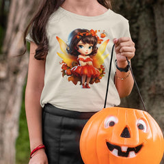 Brown Haired Girl Autumn Fairy in Orange Dress Kids Design