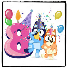Happy Bluey & Bingo Character 8th Birthday Pink Number Design