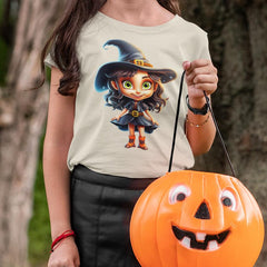 Green Eyed Orange and Black Witch Kids Halloween Character Design