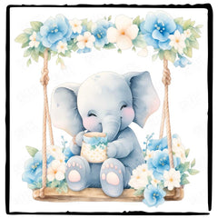 Cute Blue Elephant On Floral Swing Pattern Design