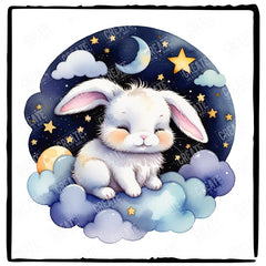 Night Time Crescent Moon Sleeping Bunny Rabbit