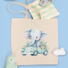 Cute Blue Elephant In Car Floral Pattern Design