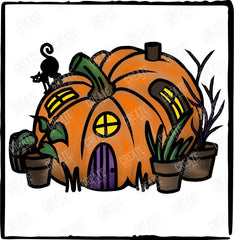 Orange Pumpkin House with Black Cat Halloween Design
